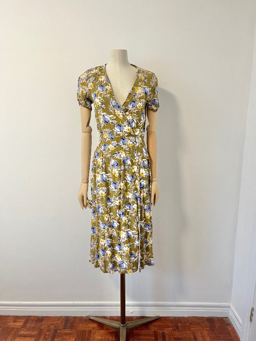Mango Mustard Floral Midi Dress with Blue & White Flowers